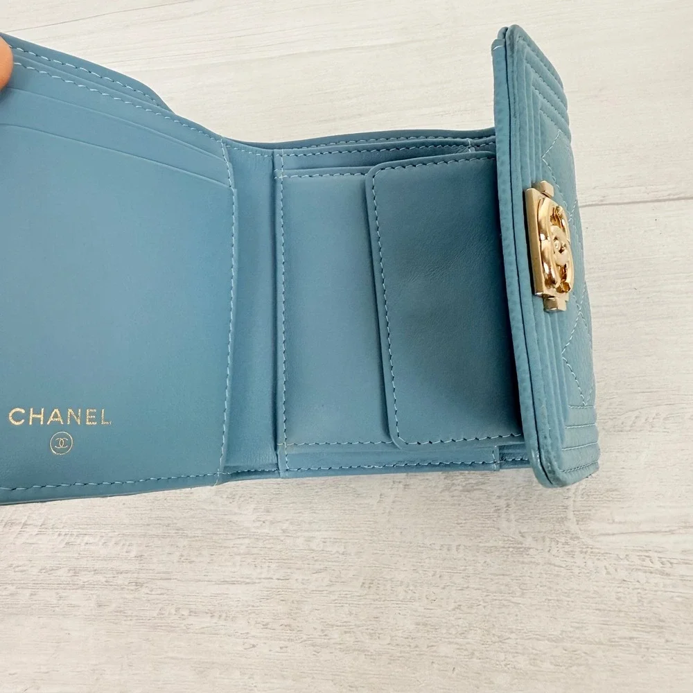 Chanel Boy Flap Wallet Light Blue Caviar Leather Gold Hardware Quilted Authentic
